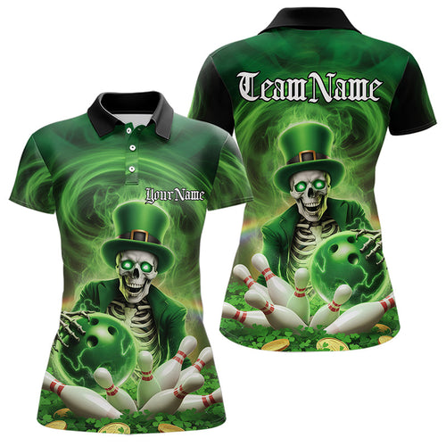 Custom Green St Patricks Day Skull Bowling Polo Shirts For Women, Shamrock Bowling Shirt IPHW8377