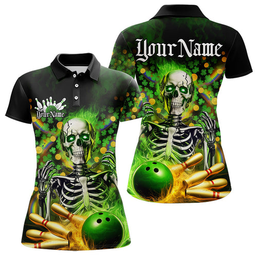 Custom Green Flame Skull Saint Patrick Day Bowling Polo Shirts For Women, Shamrock Bowling IPHW8378