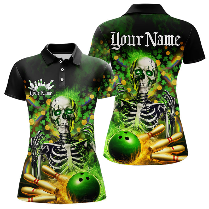 Custom Green Flame Skull Saint Patrick Day Bowling Polo Shirts For Women, Shamrock Bowling IPHW8378
