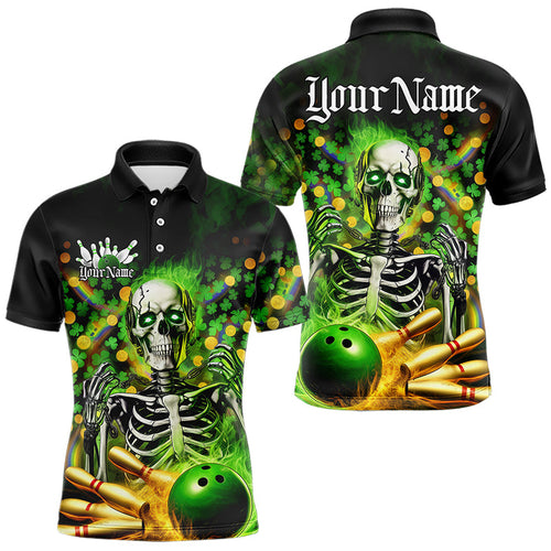 Custom Green Flame Skull Saint Patrick Day Bowling Polo Shirts For Men, Shamrock Bowling IPHW8378