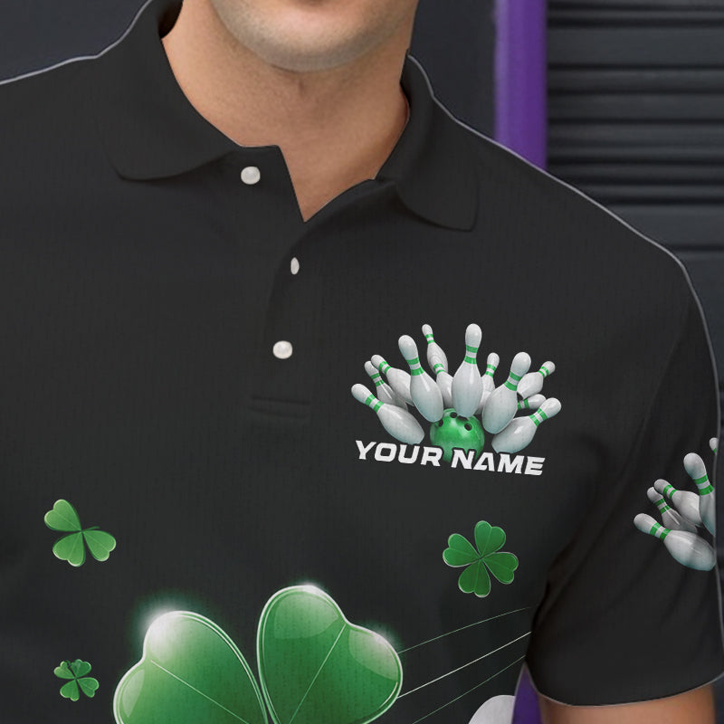 Custom Green Shamprock Saint Patricks Bowling Polo Shirts For Men, Lucky Bowling Team Shirt IPHW8571