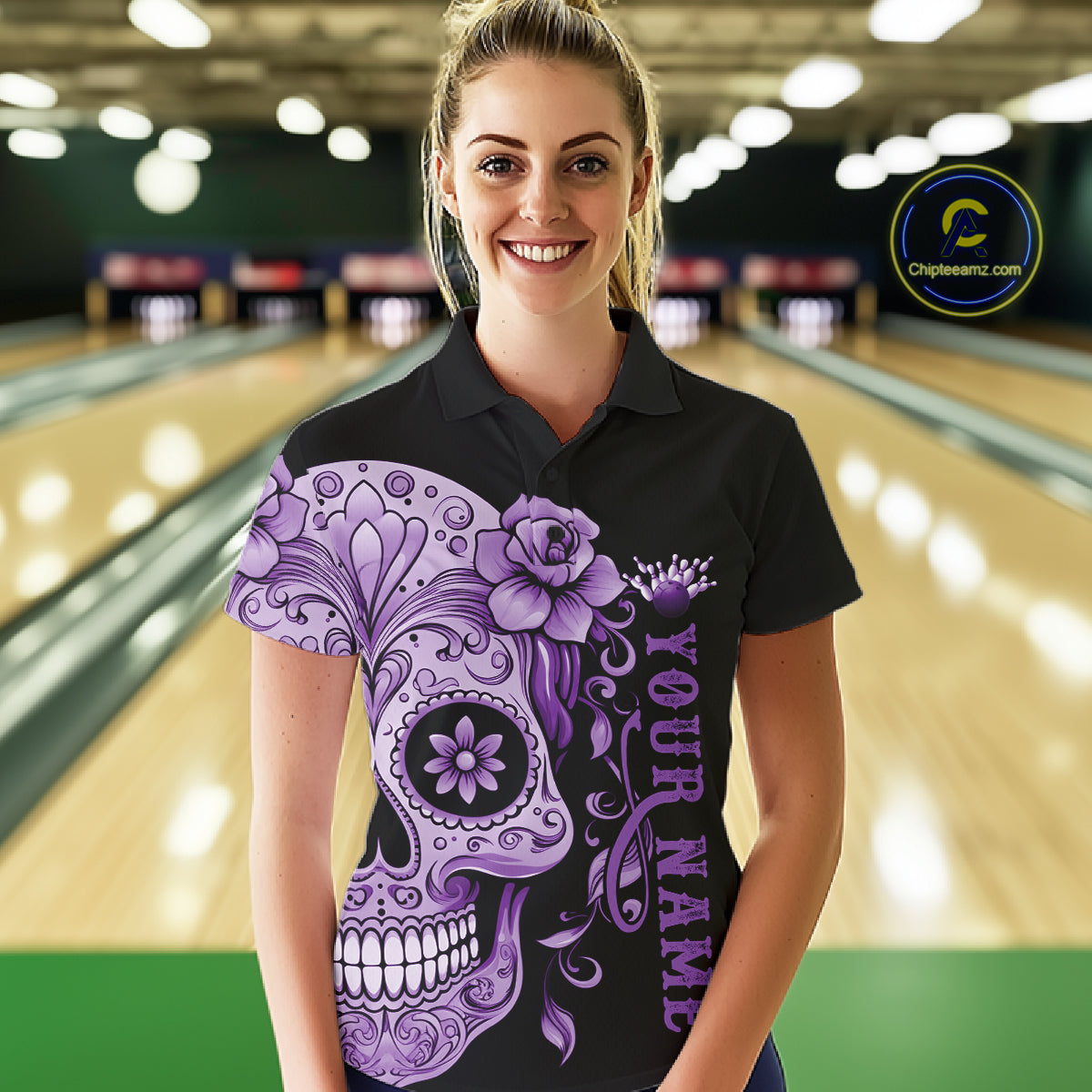 Purple Sugar Skull Tattoo Custom Women Bowling Polo Shirt, Halloween Team Bowling Jerseys IPHW10722