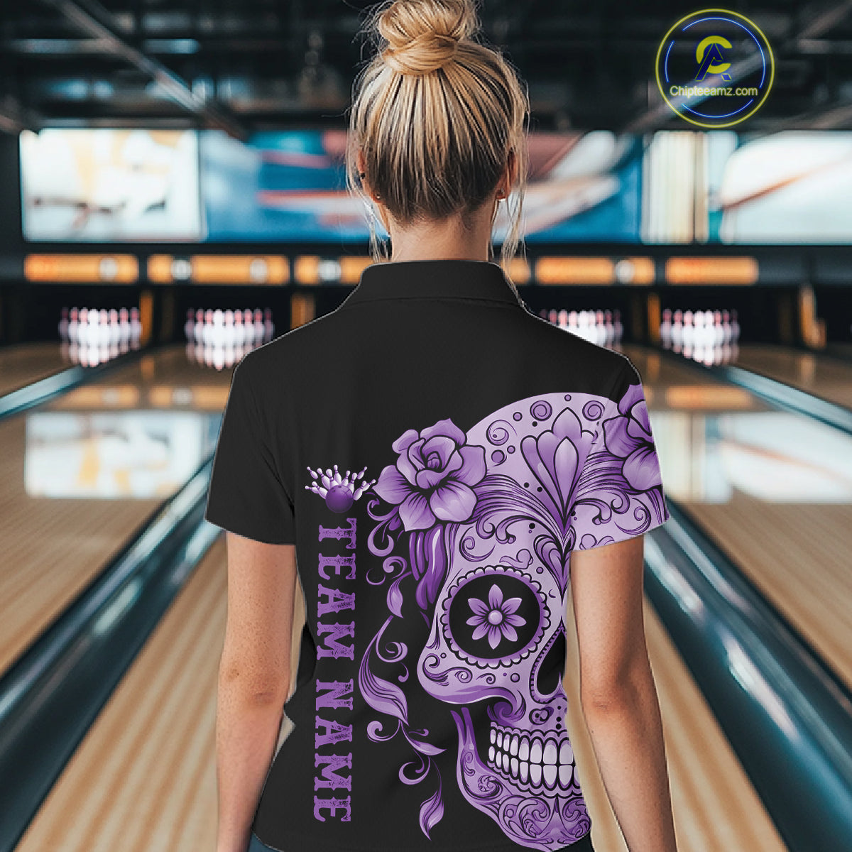 Purple Sugar Skull Tattoo Custom Women Bowling Polo Shirt, Halloween Team Bowling Jerseys IPHW10722