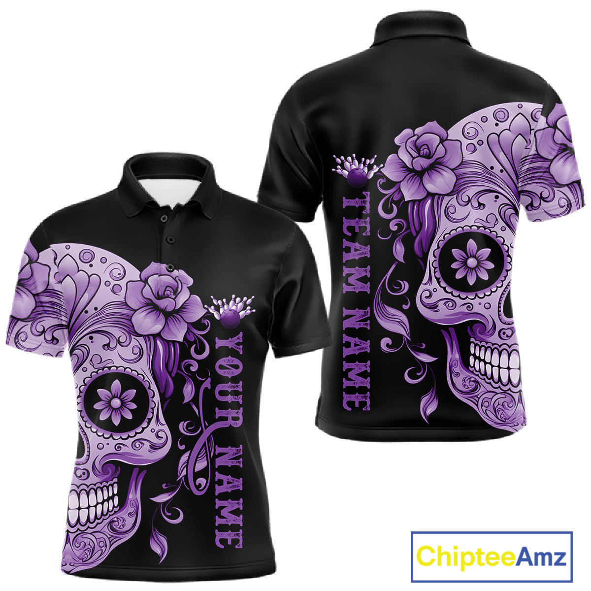Purple Sugar Skull Tattoo Custom Men Bowling Polo Shirt, Halloween Team Bowling Jerseys IPHW10722