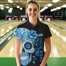 Load image into Gallery viewer, Blue Sugar Skull Tattoo Custom Women Bowling Polo Shirt, Halloween Team Bowling Jerseys IPHW10723