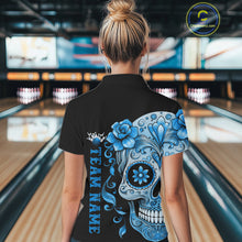 Load image into Gallery viewer, Blue Sugar Skull Tattoo Custom Women Bowling Polo Shirt, Halloween Team Bowling Jerseys IPHW10723