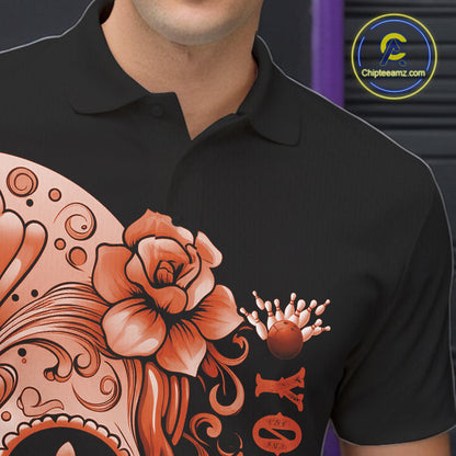 Orange Sugar Skull Tattoo Custom Men Bowling Polo Shirt, Halloween Team Bowling Jerseys IPHW10724