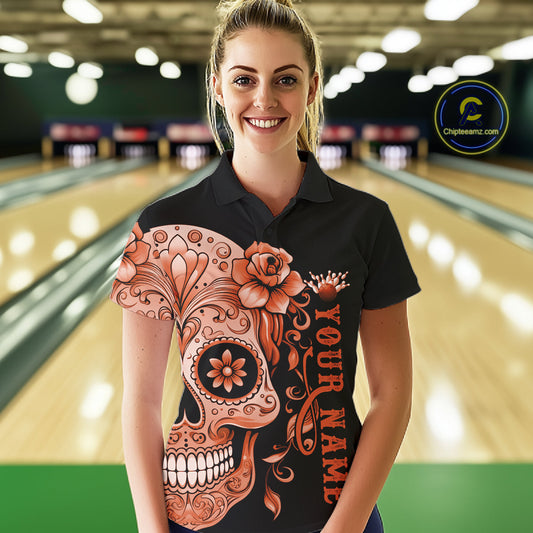 Orange Sugar Skull Tattoo Custom Women Bowling Polo Shirt, Halloween Team Bowling Jerseys IPHW10724