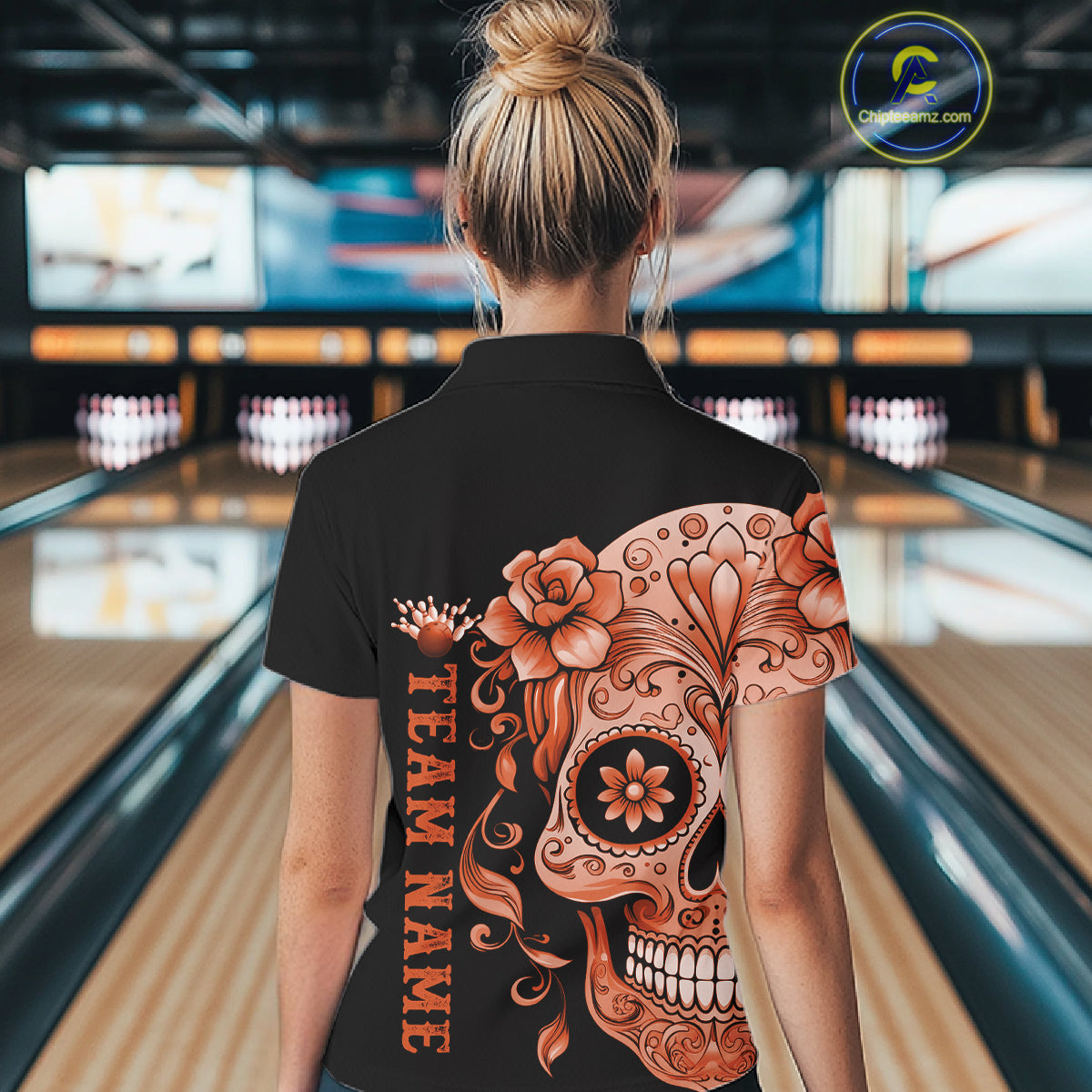 Orange Sugar Skull Tattoo Custom Women Bowling Polo Shirt, Halloween Team Bowling Jerseys IPHW10724