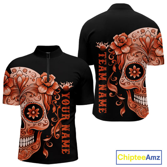 Orange Sugar Skull Tattoo Custom Men Bowling Quarter-Zip Shirt, Halloween Team Bowling Jerseys IPHW10724