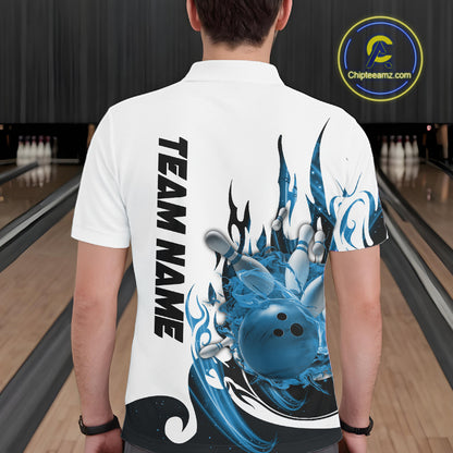 Custom Blue Flame Bowling Team Jerseys, Bowling League Polo Shirt For Men IPHW10725
