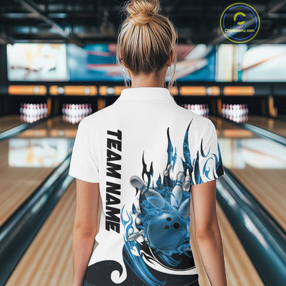 Custom Blue Flame Bowling Team Jerseys, Bowling League Polo Shirt For Women IPHW10725