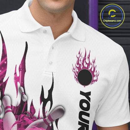 Custom Pink Flame Bowling Team Jerseys, Bowling League Polo Shirt For Men IPHW10726