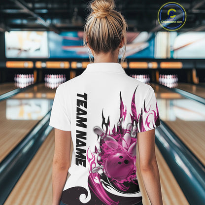 Custom Pink Flame Bowling Team Jerseys, Bowling League Polo Shirt For Women IPHW10726