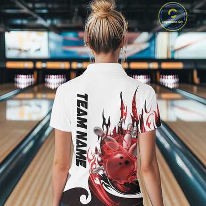 Custom Red Flame Bowling Team Jerseys, Bowling League Polo Shirt For Women IPHW10727