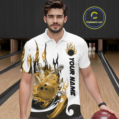 Custom Yellow Flame Bowling Team Jerseys, Bowling League Polo Shirt For Men IPHW10728