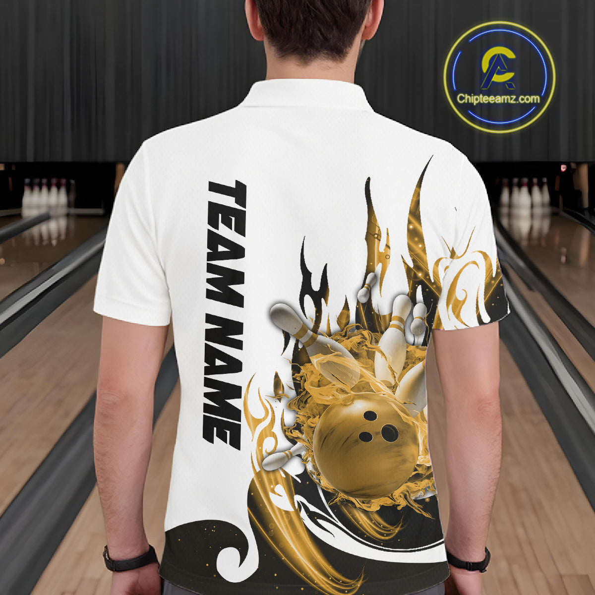 Custom Yellow Flame Bowling Team Jerseys, Bowling League Polo Shirt For Men IPHW10728