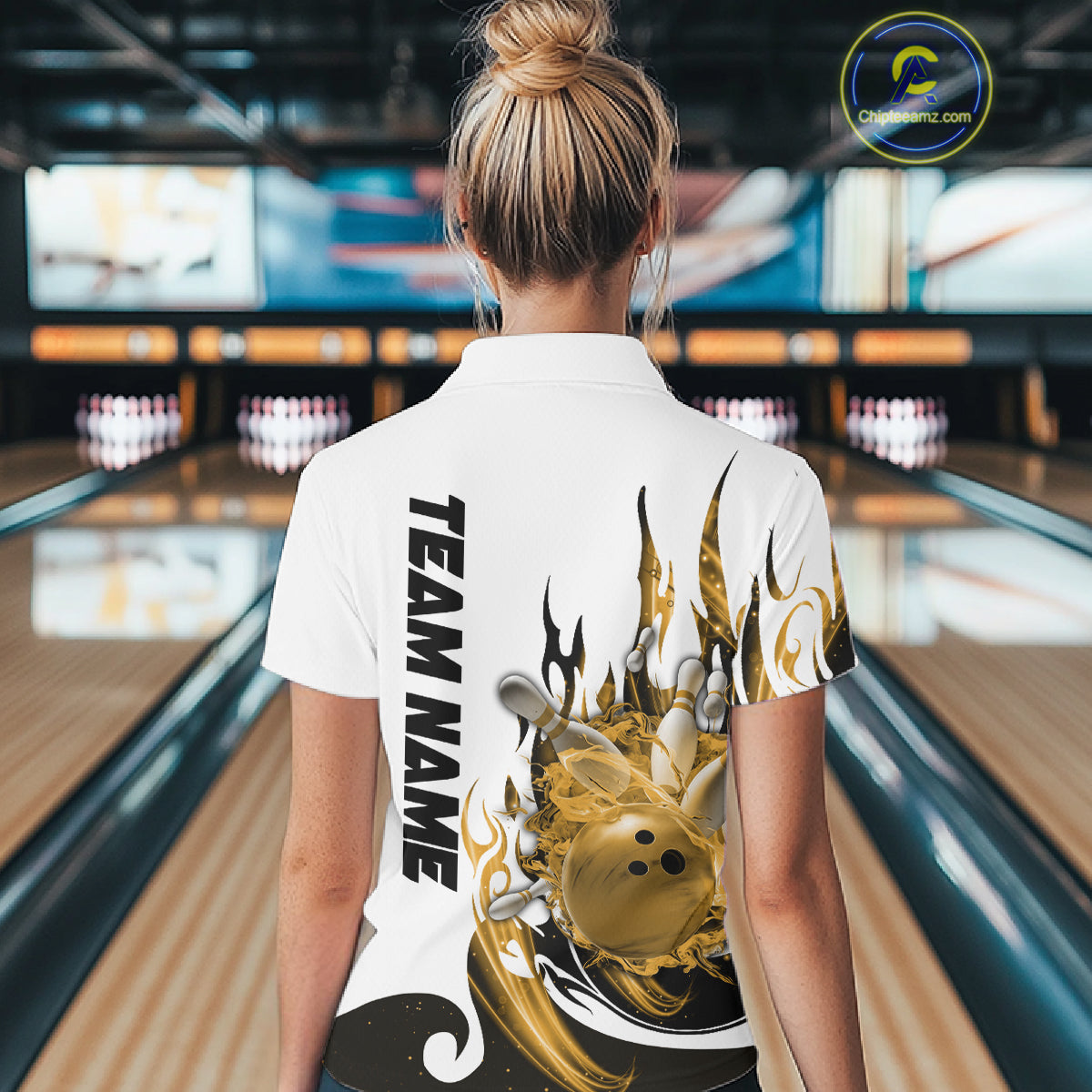Custom Yellow Flame Bowling Team Jerseys, Bowling League Polo Shirt For Women IPHW10728