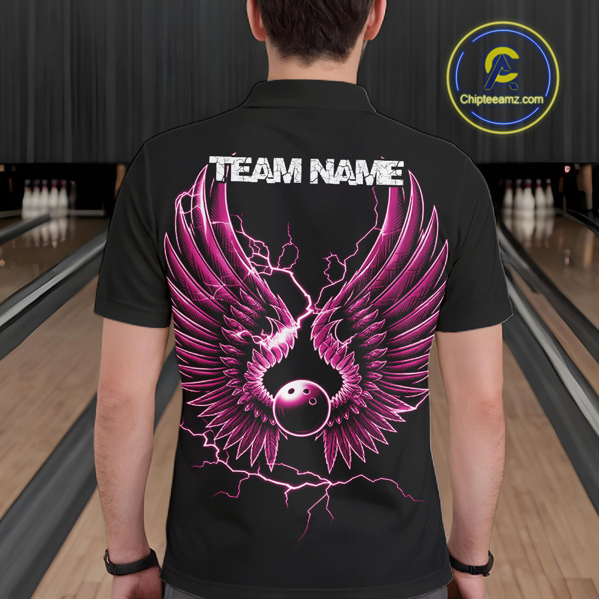 Custom Pink Lightning Bowling Ball With Wings Bowling Men Team Shirt, Bowling Jerseys IPHW10731