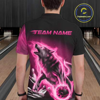 Pink Flame Wolf Custom Bowling Team Shirt For Men, Fire Wolf Bowling Jerseys IPHW10734