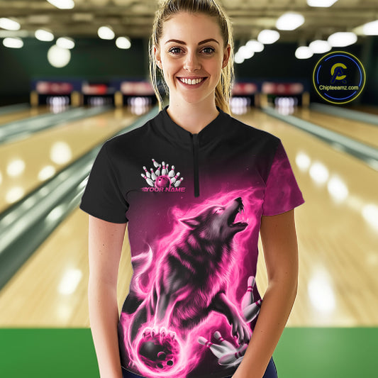 Pink Flame Wolf Custom Bowling Team Shirt For Women, Fire Wolf Bowling Jerseys IPHW10734
