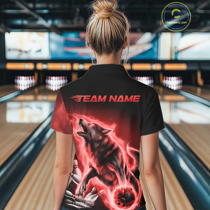 Red Flame Wolf Custom Bowling Team Shirt For Women, Fire Wolf Bowling Jerseys IPHW10735