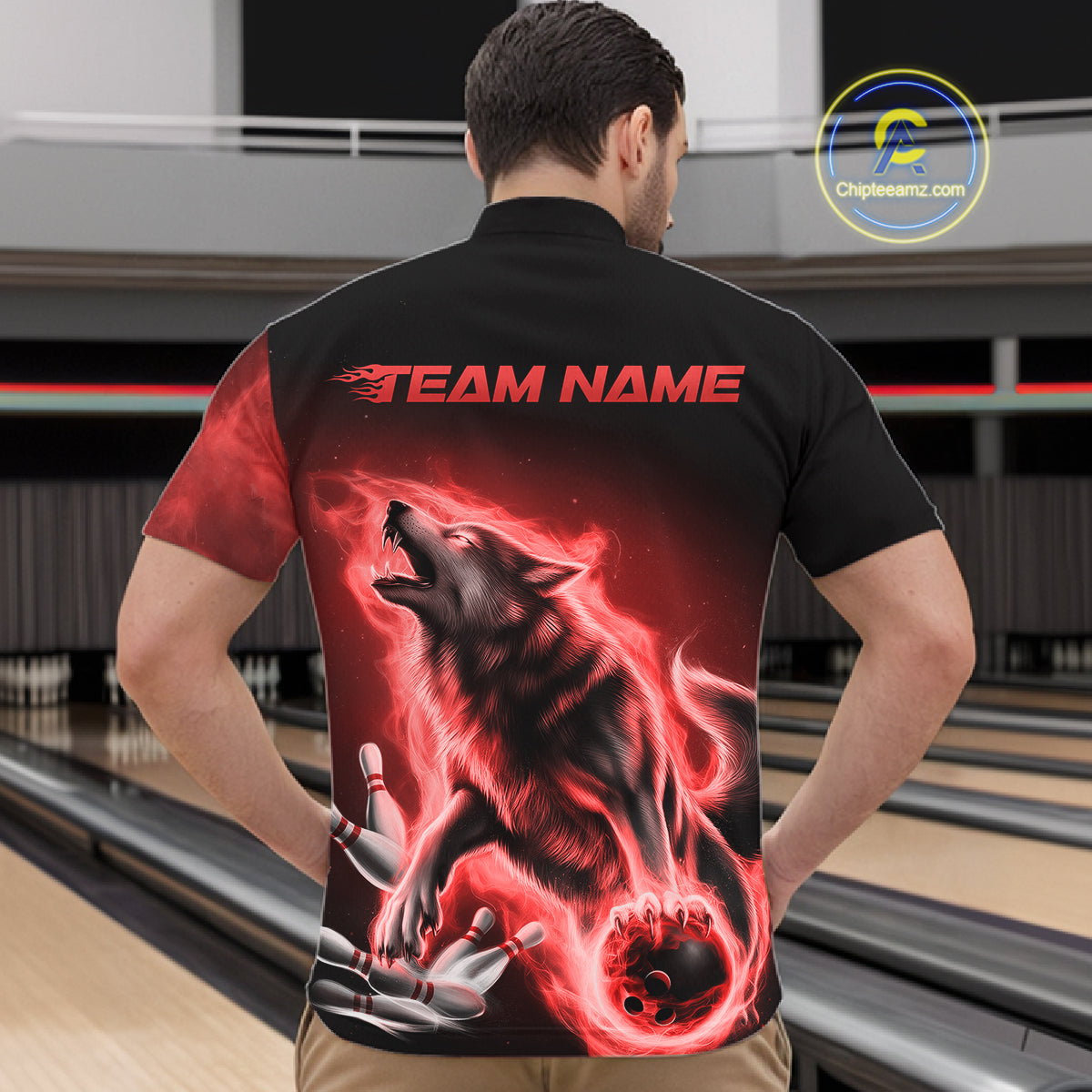 Red Flame Wolf Custom Bowling Team Shirt For Men, Fire Wolf Bowling Jerseys IPHW10735