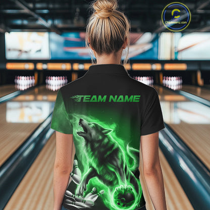 Green Flame Wolf Custom Bowling Team Shirt For Women, Fire Wolf Bowling Jerseys IPHW10736