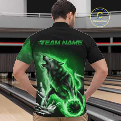 Green Flame Wolf Custom Bowling Team Shirt For Men, Fire Wolf Bowling Jerseys IPHW10736