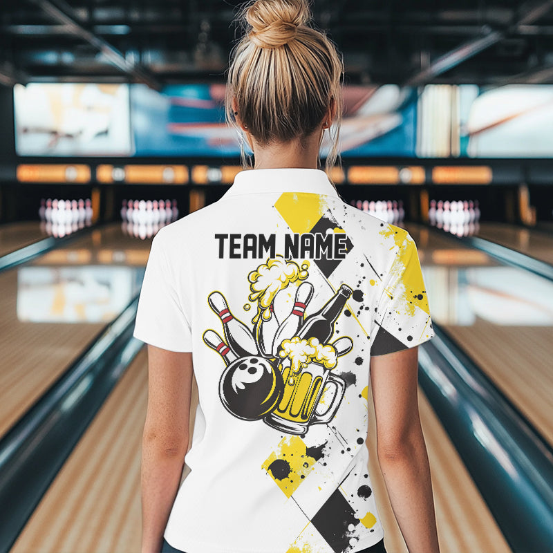 Yellow Argyle Pattern Custom Funny Bowling And Beer Team Polo Shirts For Women IPHW8889