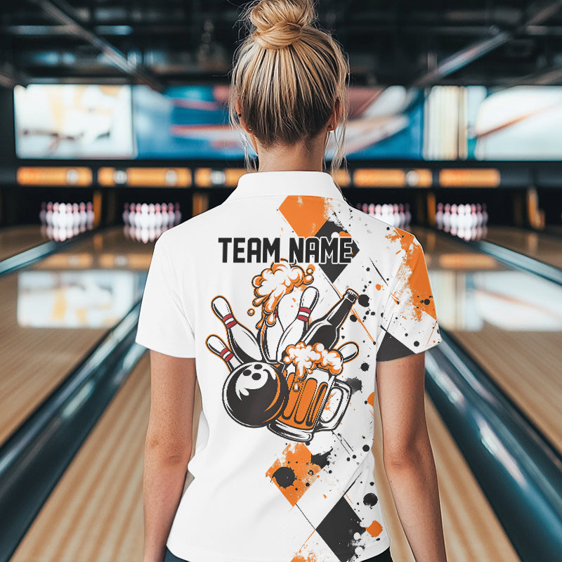 Orange Argyle Pattern Custom Funny Bowling And Beer Team Polo Shirts For Women IPHW8890