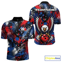 Load image into Gallery viewer, Custom red white blue splatter patriotic eagle bowling men quarter-zip shirt front and back design.
