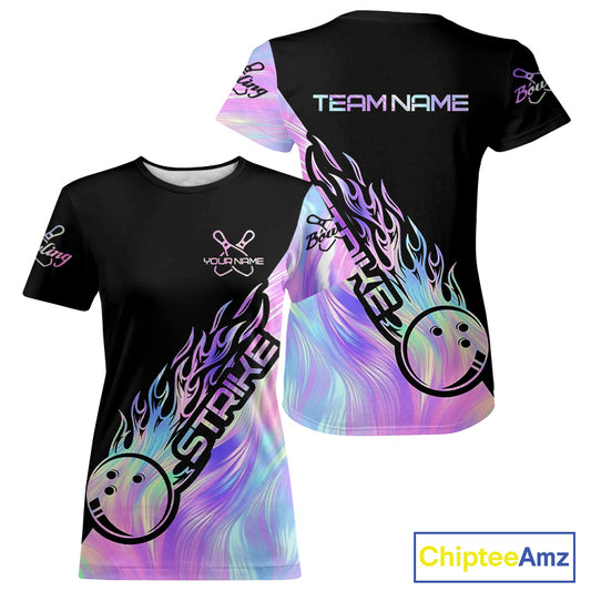 Strike Bowling T-Shirts For Women, Custom Hologram Bowling Team Bowler Outfit IPHW5242
