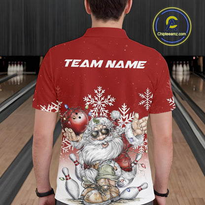 Custom Funny Santa Claus Christmas Bowling Men Polo Shirts, Xmas Bowling Team Shirt IPHW10108