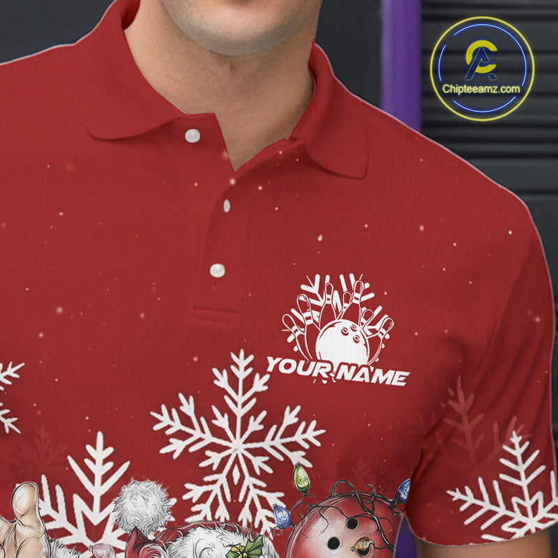 Custom Funny Santa Claus Christmas Bowling Men Polo Shirts, Xmas Bowling Team Shirt IPHW10108