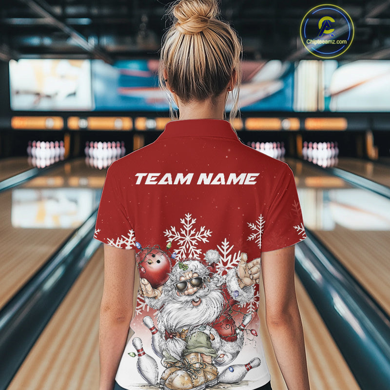Custom Funny Santa Claus Christmas Bowling Women Polo Shirts, Xmas Bowling Team Shirt IPHW10108