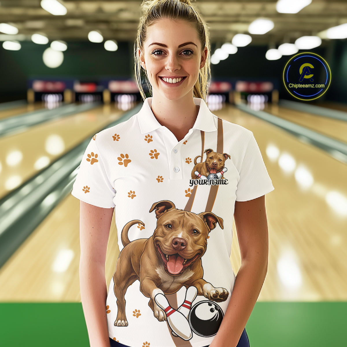 Custom Funny Brown Pitbull Dog Bowling Women Polo Shirts, Dog Paw Print Bowler Outfit IPHW10248