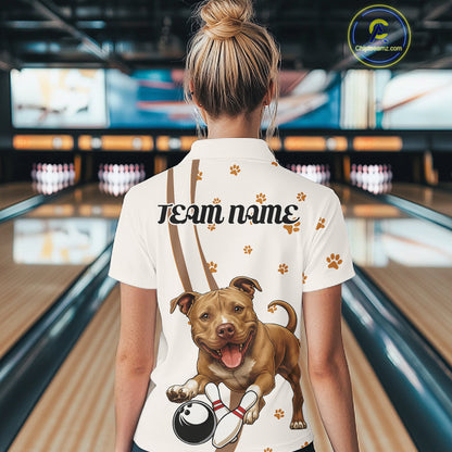 Custom Funny Brown Pitbull Dog Bowling Women Polo Shirts, Dog Paw Print Bowler Outfit IPHW10248