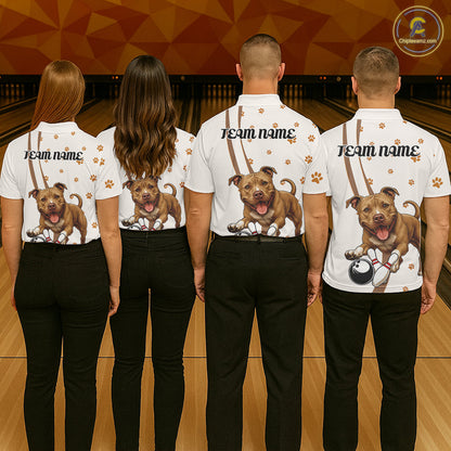 Custom Funny Brown Pitbull Dog Bowling Men Polo Shirts, Dog Paw Print Bowler Outfit IPHW10248