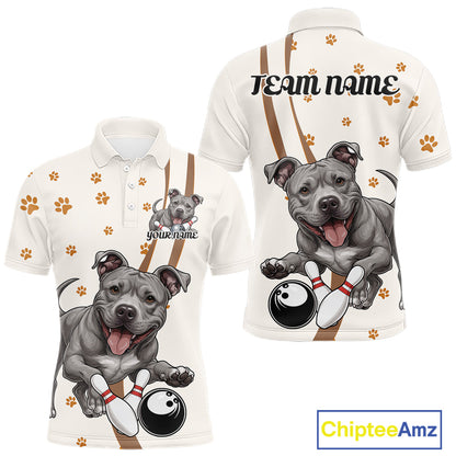 Custom Funny Pitbull Dog Bowling Men Polo Shirts, Dog Paw Print Bowler Outfit IPHW10249