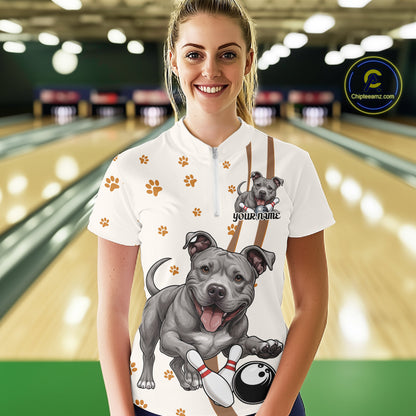 Custom Funny Pitbull Dog Bowling Women Quarter-Zip Shirts, Dog Paw Print Bowler Outfit IPHW10249