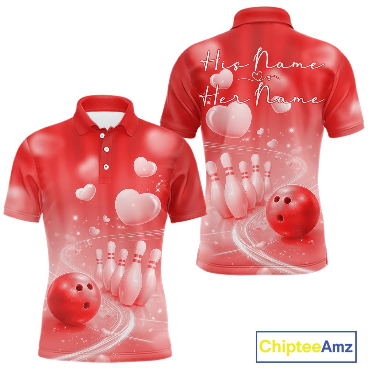 Custom Red Valentine Bowling Couple Shirts, Red Heart Theme Bowling Jerseys With His Name And Her Name IPHW10465