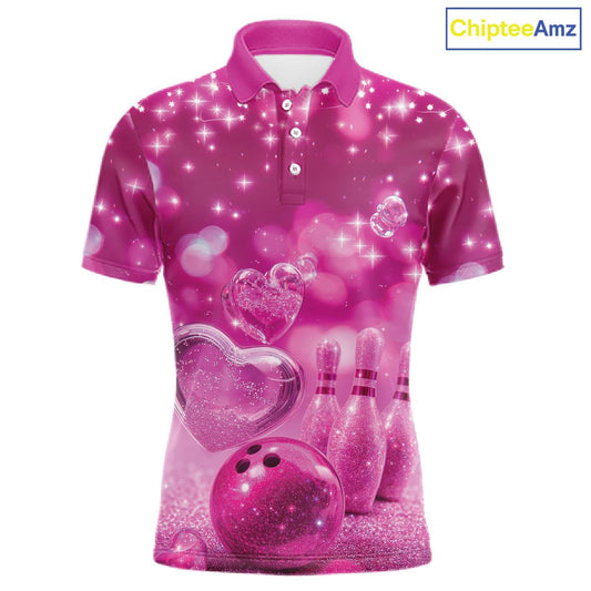 Custom Pink Valentine Bowling Couple Shirts, Pink Heart Theme Bowling Jerseys With His Name And Her Name IPHW10466