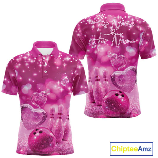 Custom Pink Valentine Bowling Couple Shirts, Pink Heart Theme Bowling Jerseys With His Name And Her Name IPHW10466