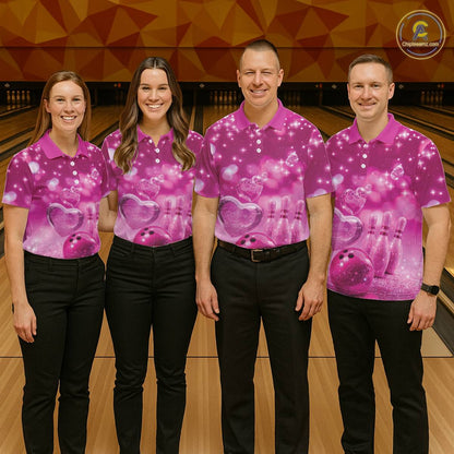 Custom Pink Valentine Bowling Couple Shirts, Pink Heart Theme Bowling Jerseys With His Name And Her Name IPHW10466