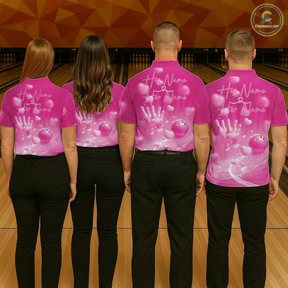 Custom Pink Valentine Bowling Couple Shirts, Pink Heart Theme Bowling Jerseys With His Name And Her Name IPHW10468