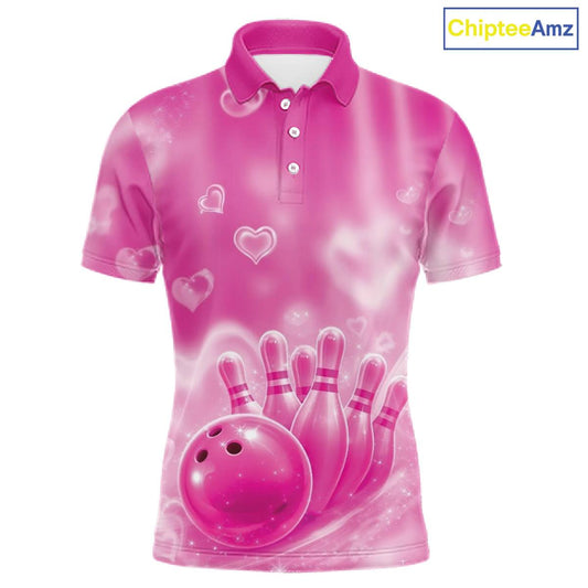 Custom Pink Valentine Bowling Couple Shirts, Pink Heart Theme Bowling Jerseys With His Name And Her Name IPHW10470