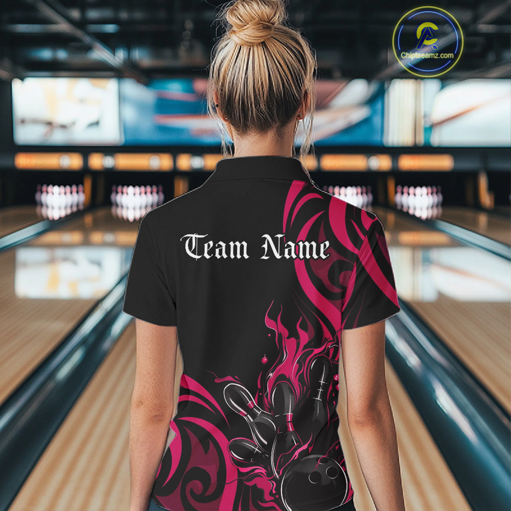 Custom Black And Pink Tribal Flame Bowling Women Shirts, Bowling League Shirt Team Jerseys IPHW10737