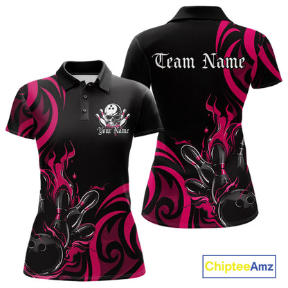 Custom Black And Pink Tribal Flame Bowling Women Shirts, Bowling League Shirt Team Jerseys IPHW10737
