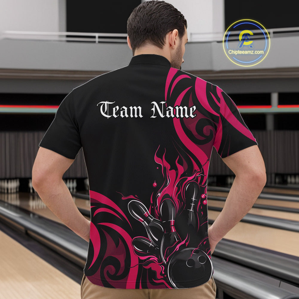 Custom Black And Pink Tribal Flame Bowling Men Shirts, Bowling League Shirt Team Jerseys IPHW10737